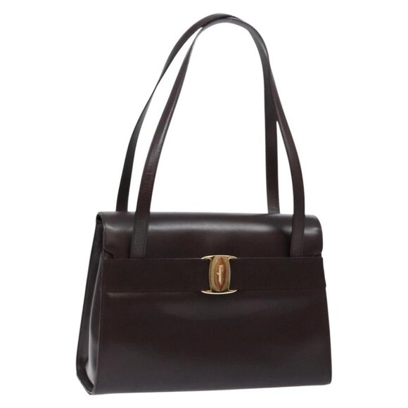 Salvatore Ferragamo Vala Shoulder Bag Leather Brown Gold Auth gh631 - Picture 1 of 15